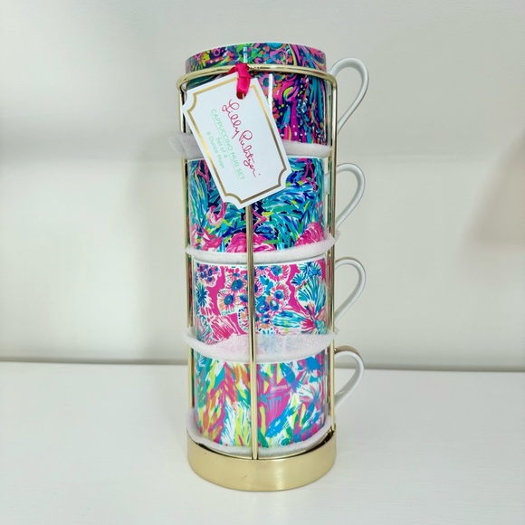 Lilly Pulitzer Other - BWNT! Lilly Pulitzer Cappuccino Mug Set of 4 Stackable in Metal Gold Toned Stand